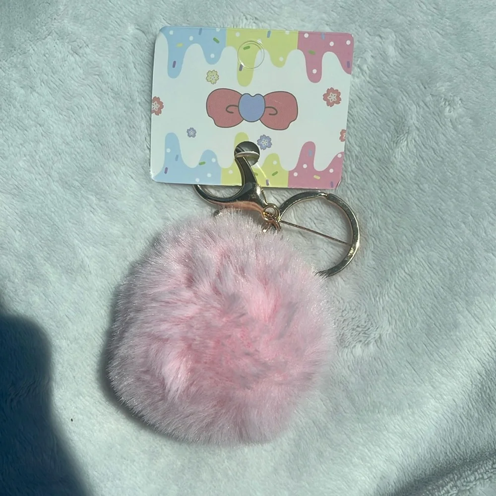 Pink Fluffy Keychain with Kuromi Character and claw clip nwt